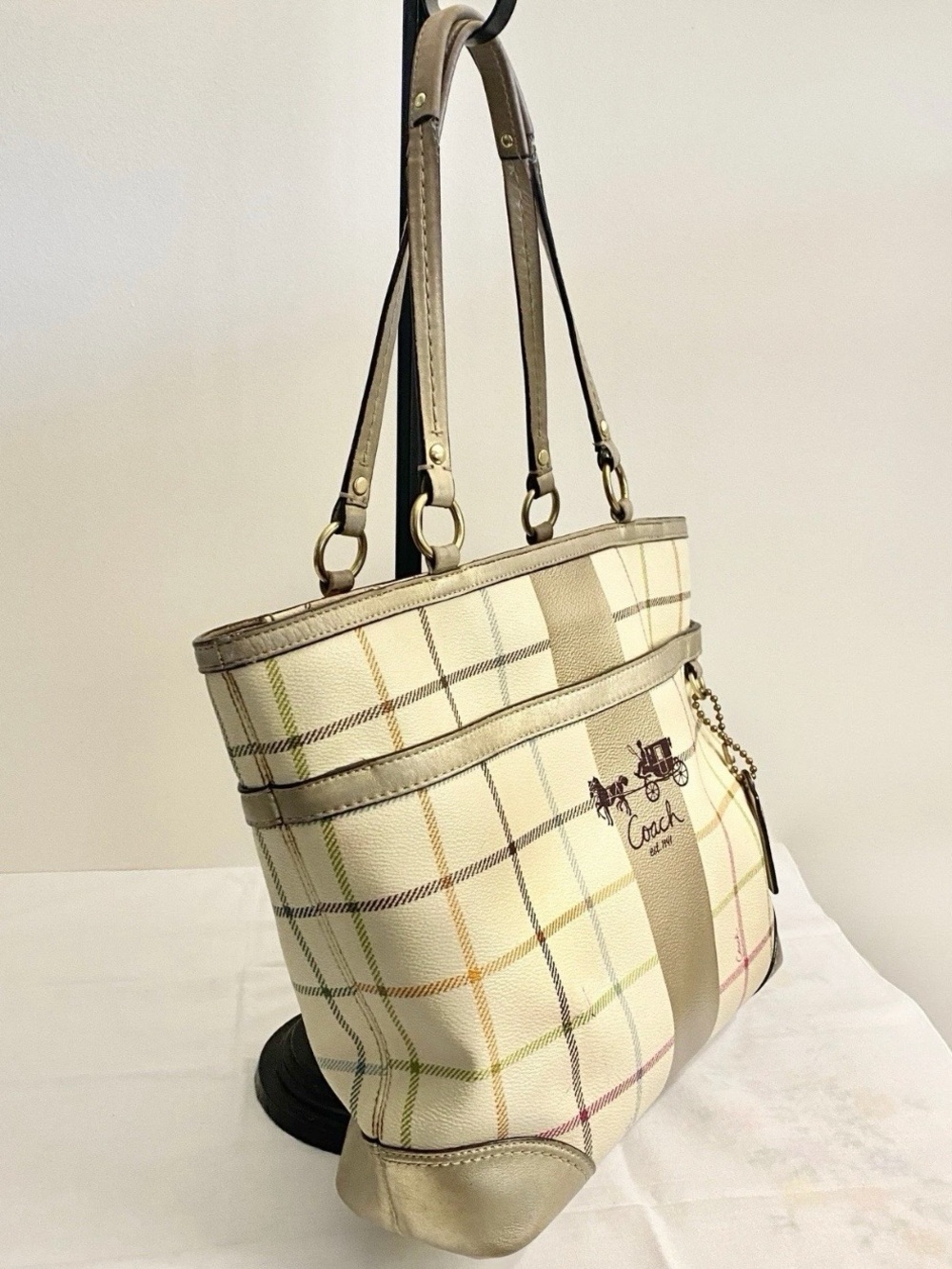 COACH Peyton Tattersall Tote Shoulder Bag Ivory with Multicolored Stripes 13033 - Picture 7 of 15